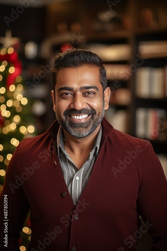 A Joyful Celebration. A Man Standing in Front of a Beautifully Decorated Christmas Tree