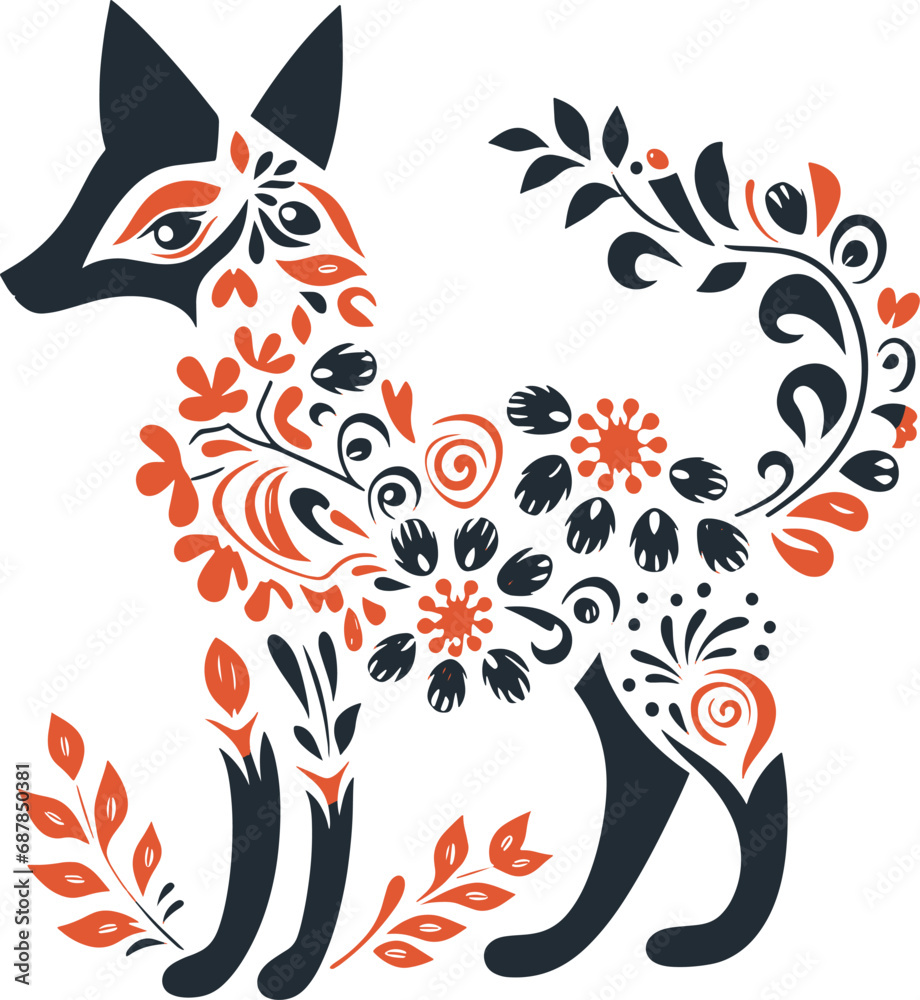 floral fox silhouette on the white background