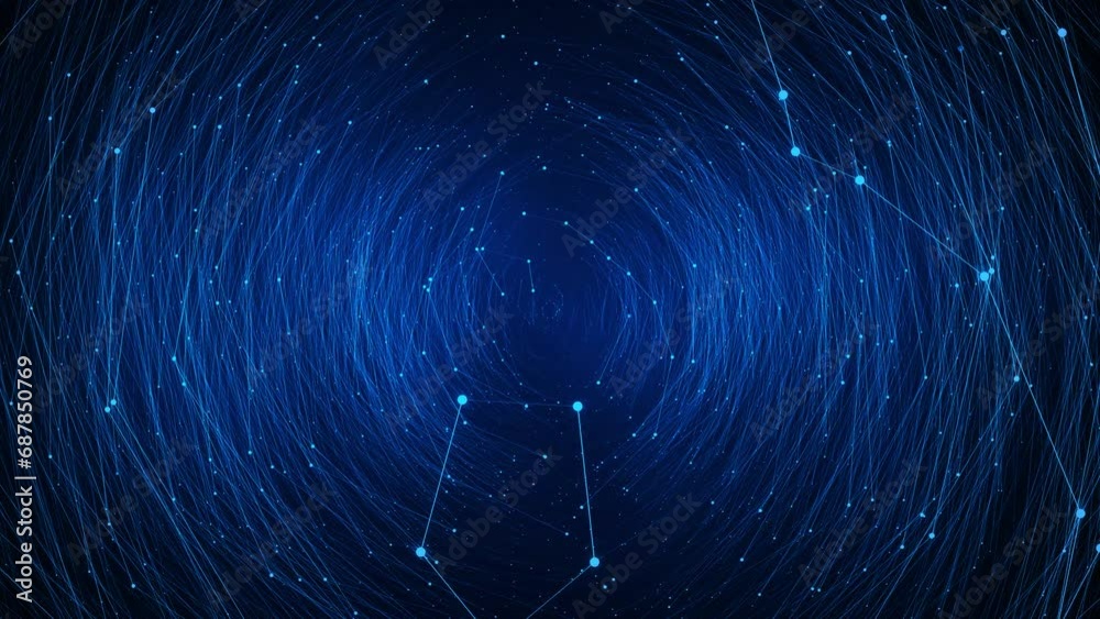 Futuristic Plexus Tunnel: Blue Geometric Patterns in Spinning Motion Futuristic Plexus Tunnel: Blue Geometric Patterns in Spinning Motion