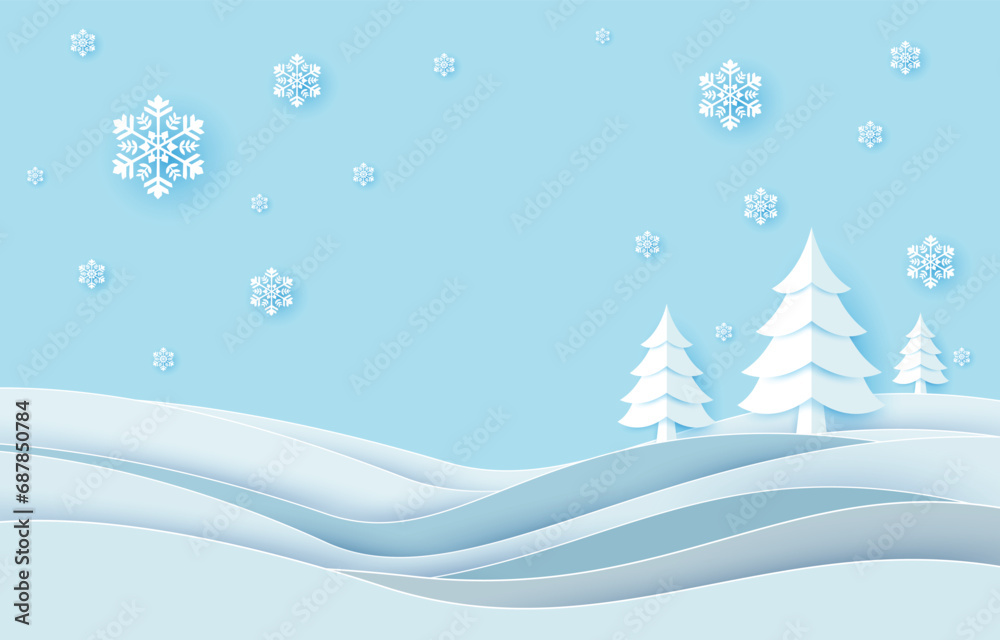 Christmas background, mountain winter landscape winter christmas in paper cut style, vector illustration