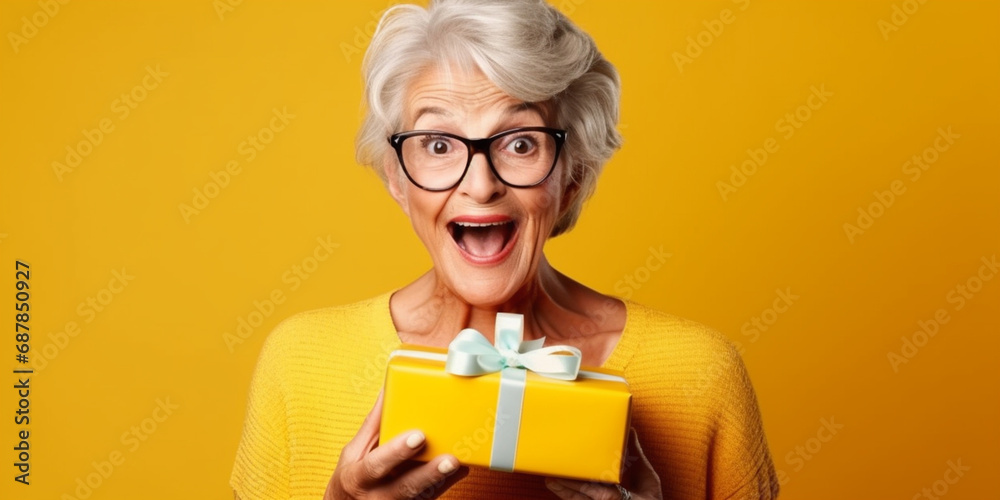 Portrait of an older woman holding a gift in happy surprise with yellow background Portrait of an older woman holding a gift in happy surprise with yellow background