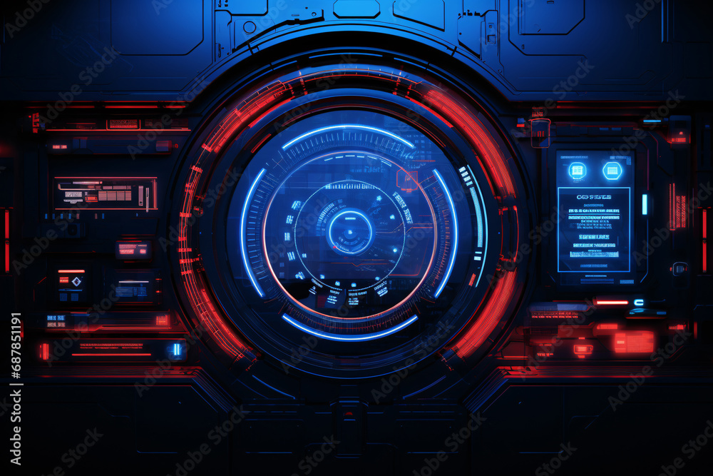 Obraz premium sci-fi high-tech HUD display features a glowing red and blue interface