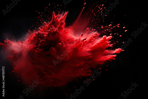 .Red Powder Explosion Abstract Against Dark Background