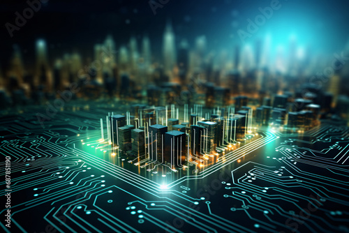 Technology Concept. A Smart City on a Circuit Board photo