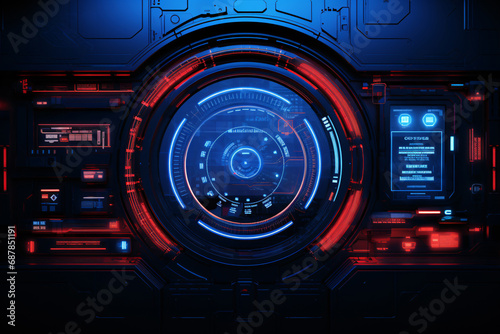 sci-fi high-tech HUD display features a glowing red and blue interface