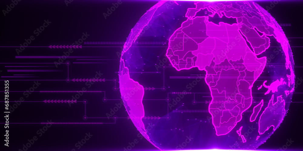 Fototapeta premium Bright purple globe hologram and lines on blurry dark background. Metaverse, digital world and network concept. 3D Rendering.