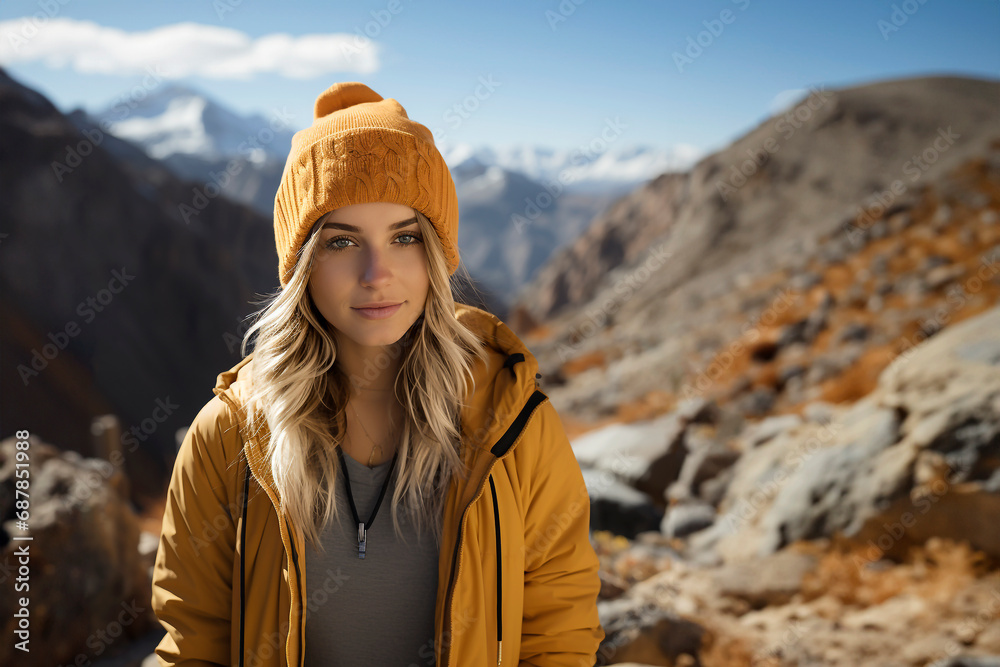 Portrait of a charming blonde girl climber on the background of mountains. Single mountain climbing. The concept of healthy rest and travel