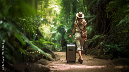 Woman with suitcase on jungle trail towards a serene waterbody. Adventure and serenity concept. Generative AI © ImageFlow