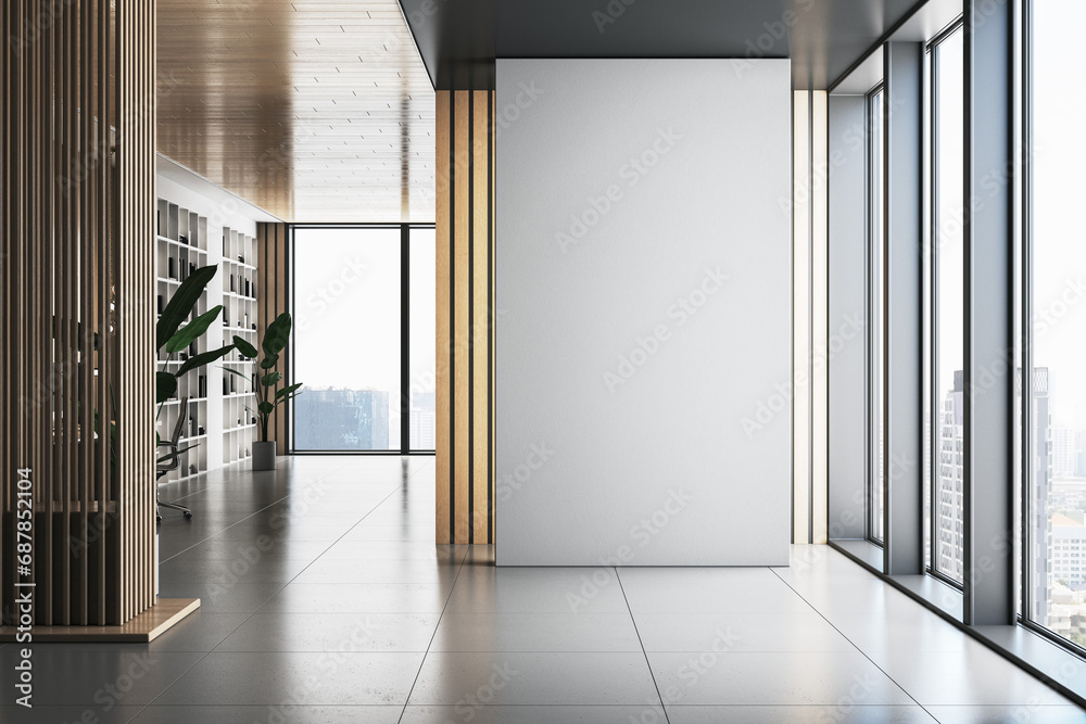 Obraz premium Modern office interior with bookshelf, window with city view, daylight and blank mock up place on wall. 3D Rendering.