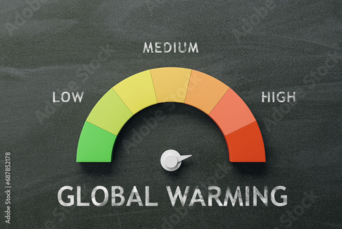 Global warming indicator on a blackboard, with levels from low to high. Environmental concept. 3D Rendering photo