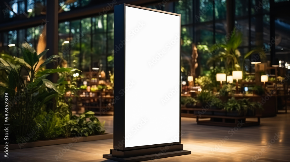 Outdoor information desk with a blank 3d mockup in a lush mall garden. Nature integration concept. Generative AI