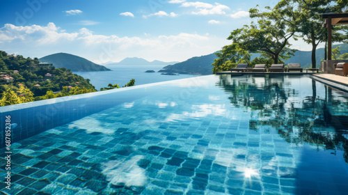 Elegant infinity pool with stunning sea and hill views on a sunny day. Luxury travel concept. Generative AI
