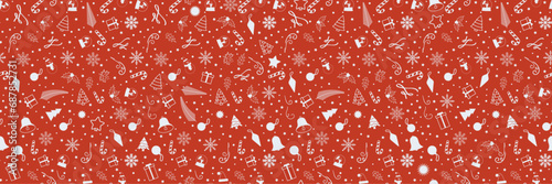 Big Red and White Seamless Christmas Pattern filled with xmas decorations. Fun Christmas Pattern of xmas ornaments and icons. For backgrounds, presentations, wrapping papers, prints, artworks. Vector