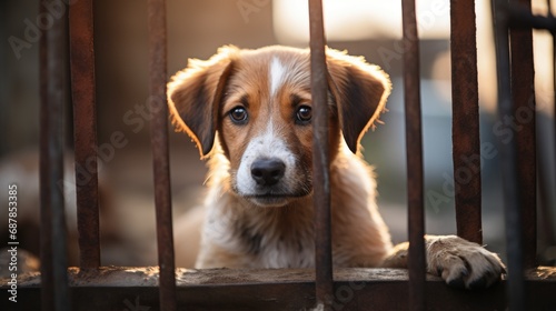 Homeless street puppy in a cage outdoors