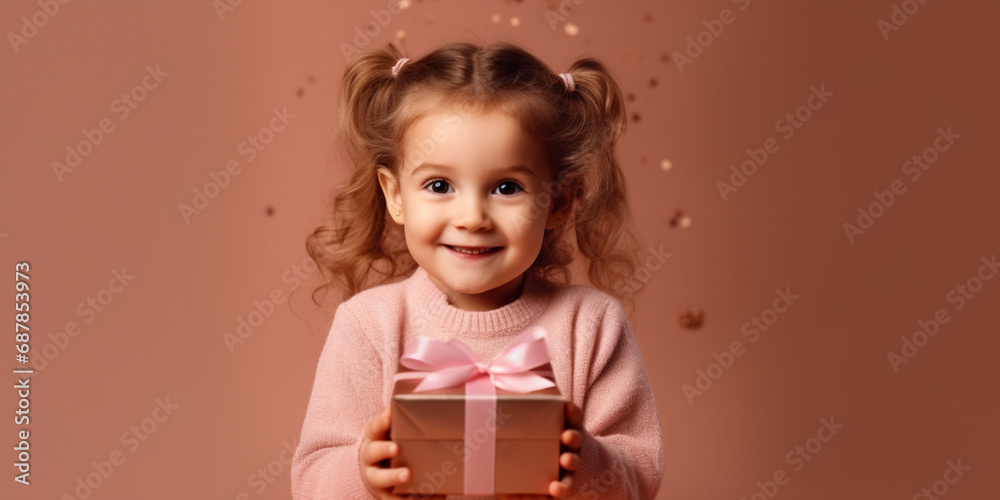 A little girl happily surprised holding a gift in her hands with a pink background A little girl happily surprised holding a gift in her hands with a pink background