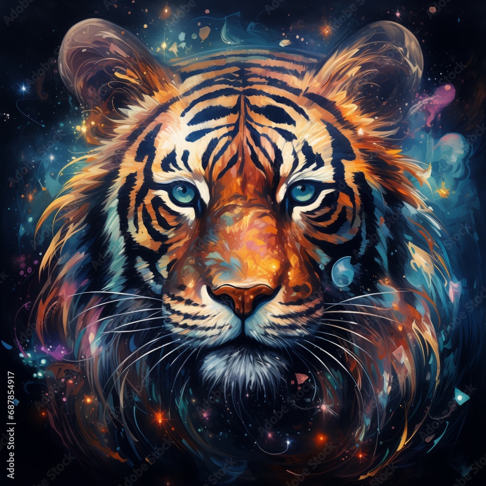  a portrait of a tiger distorted with galaxies mixed 