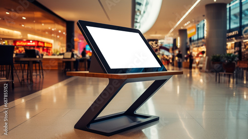 Modern blank screen kiosk template in bright restaurant interior. Digital marketing and design concept. Generative AI photo