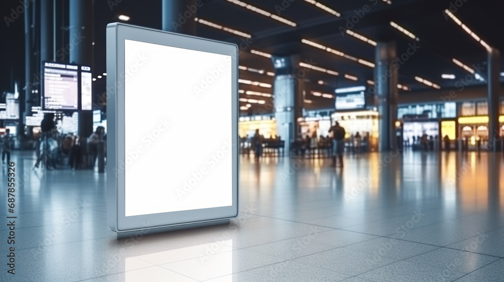 Contemporary digital billboard display mockup in well-lit airport lounge. Communication and design concept. Generative AI Contemporary digital billboard display mockup in well-lit airport lounge. Communication and design concept. Generative AI