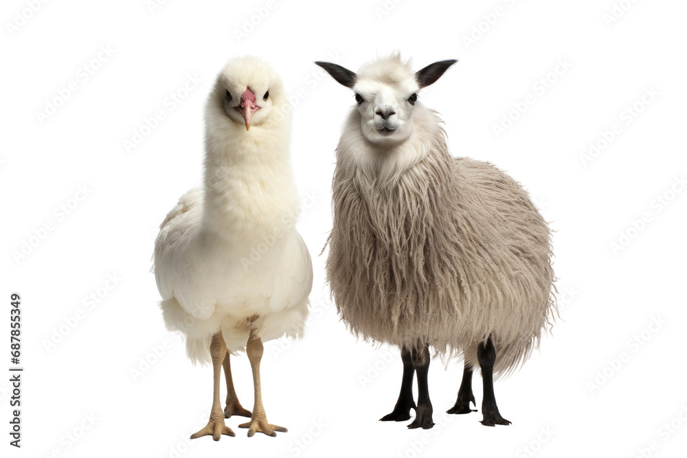 Obraz premium Animal Feathery Companionship Llama with Hen on a White or Clear Surface PNG Transparent Background