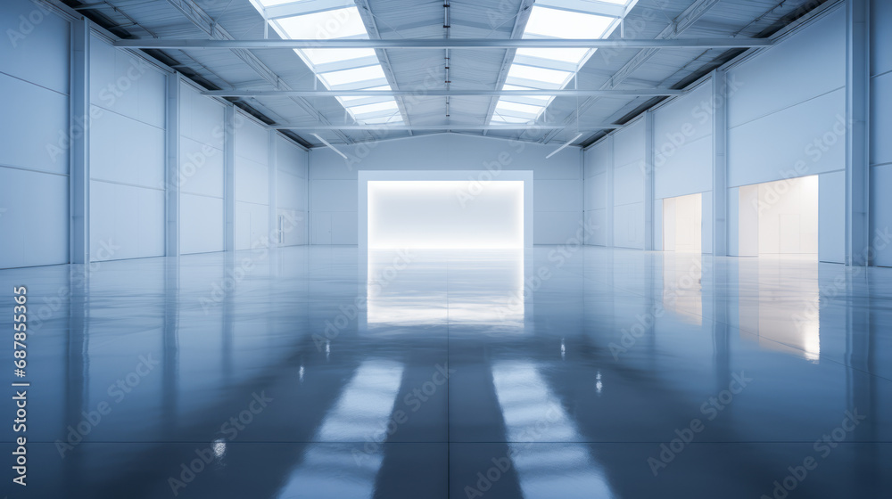 Spacious empty warehouse with glossy blue floor and skylights. Minimalist design concept. Generative AI