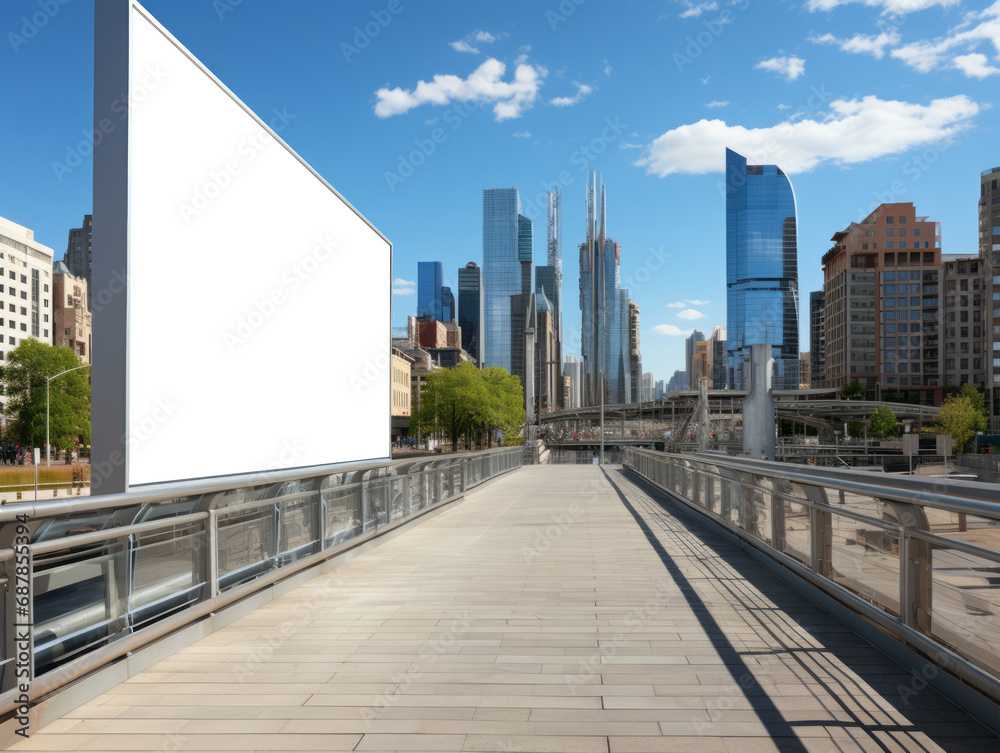 Urban pedestrian bridge featuring blank billboard for advertising, cityscape backdrop. Generative AI
