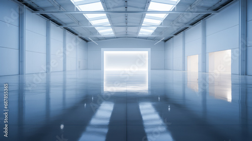 Spacious empty warehouse with glossy blue floor and skylights. Minimalist design concept. Generative AI