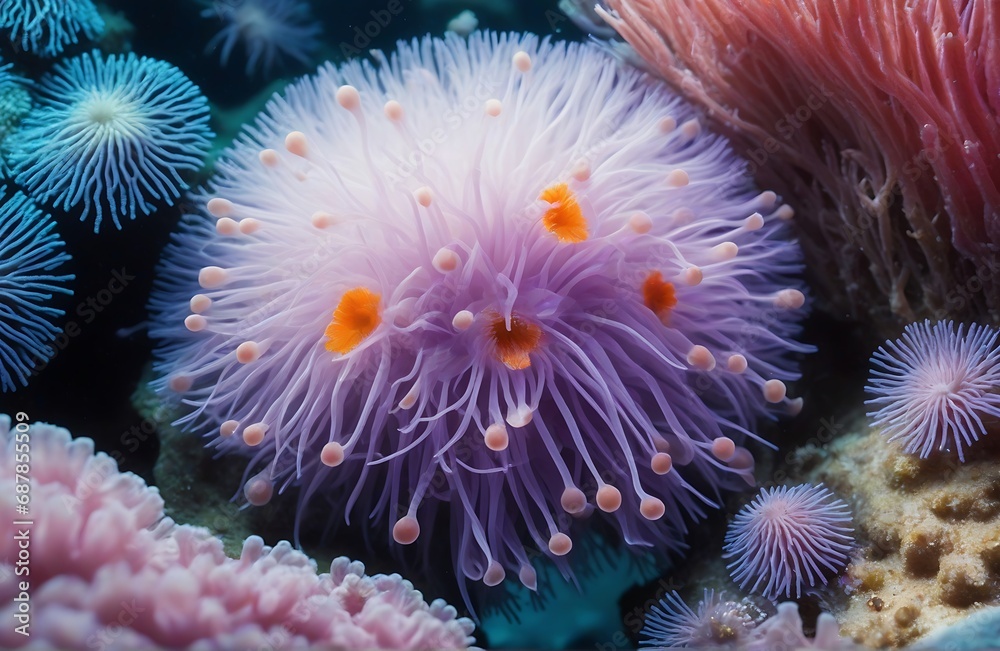 Anemone actinia texture underwater reef sea coral. Created with Generative Ai technology.