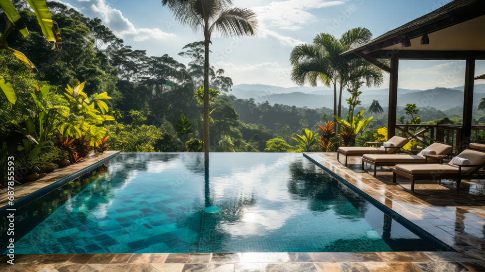 Secluded infinity pool villa amidst lush jungle, reflecting sunlight. Tranquil retreat. Generative AI