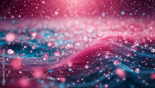 Sfondo digitale astratto con particelle e luci colorate rosa e blu con onde 