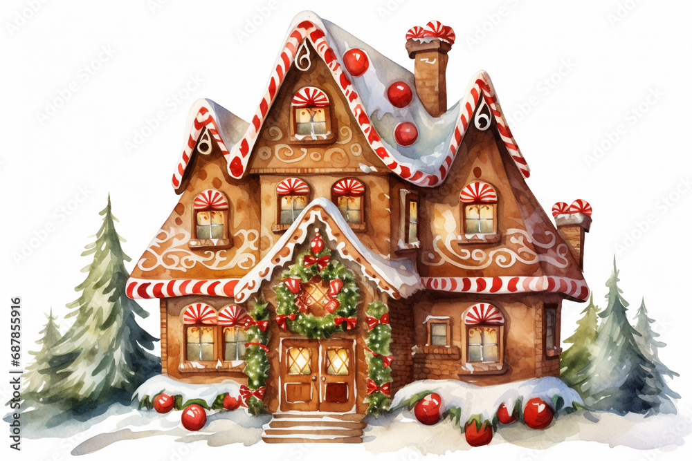 Whimsical Gingerbread House: Christmas Watercolor Painting on Transparent Background