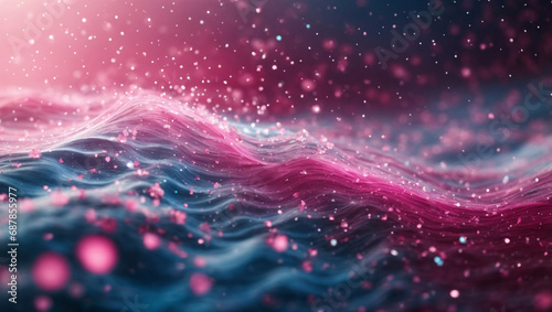 Sfondo digitale astratto con particelle e luci colorate rosa e blu con onde  photo