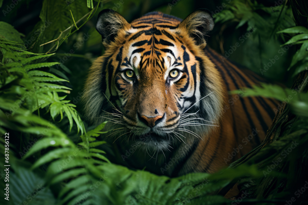 Tiger is peeking out of jungle leaves Tiger is peeking out of jungle leaves