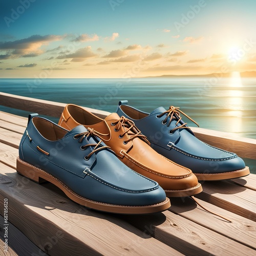 image of casual shoes set on a pier overlooking the-serene sea conveying their laid back vibe, pair of shoes on the beach