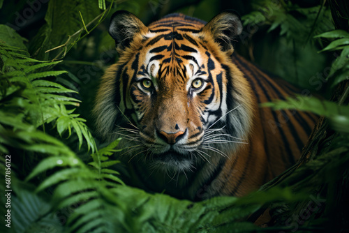 Tiger is peeking out of jungle leaves