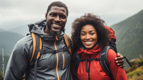 Hiking black couple are standing together