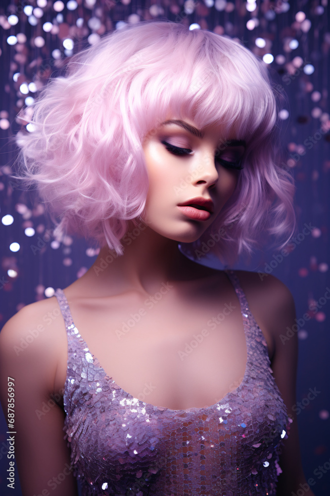 Fototapeta premium Girl of pink hair in a shining dress