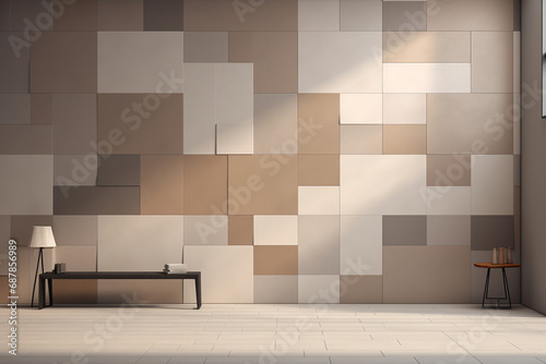 Neutral Harmony  Light and Shadow Room Mockups with Gray  Brown  and Beige Tiled Wall