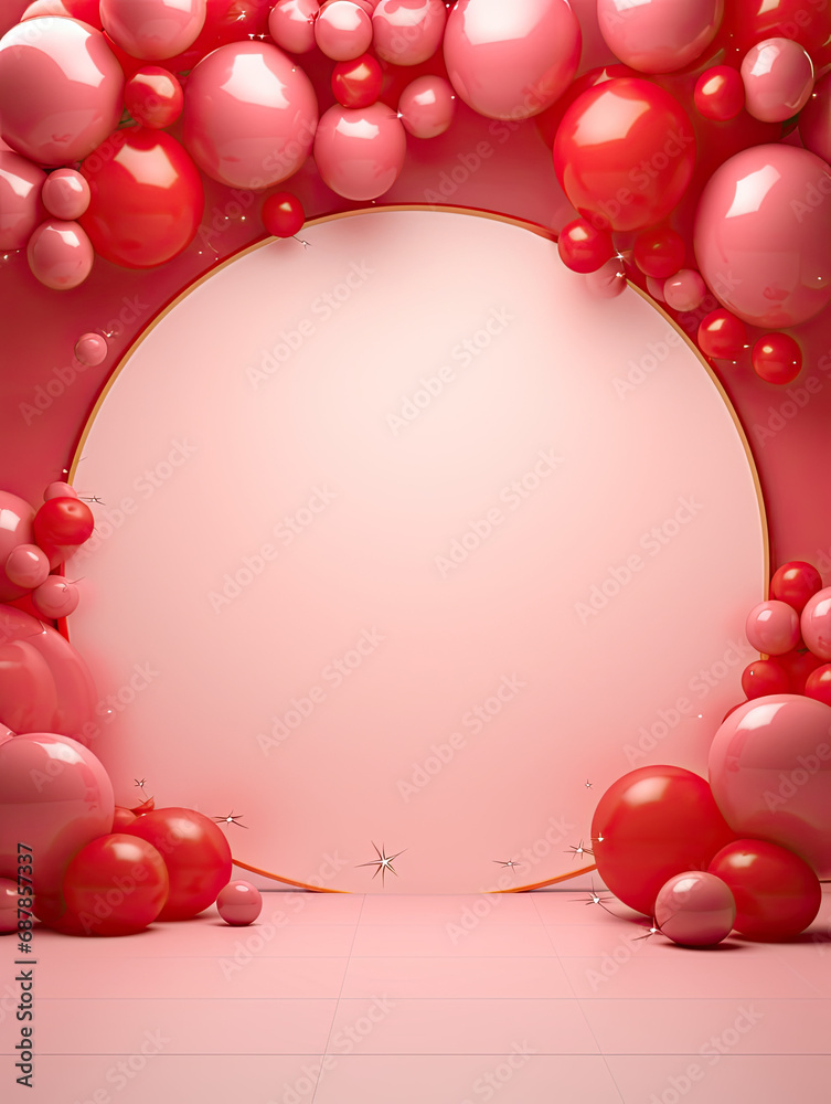 Luxury circle rounded with balloons on red background AI Generative