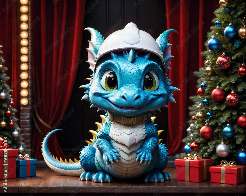 Fototapeta premium a blue dragon in a white construction helmet stands against the background of a Christmas interior. AI Generated
