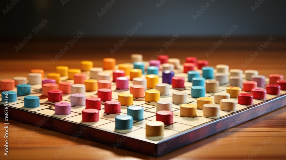 A wooden game board with a colorful array of game pieces, arranged in a strategic formation, captured in a close-up shot. A wooden game board with a colorful array of game pieces, arranged in a strategic formation, captured in a close-up shot.
