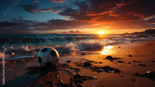 beach and football playing with sunset photo