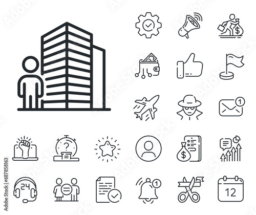 Real estate realtor sign. Salaryman, gender equality and alert bell outline icons. Agent line icon. Building architect symbol. Agent line sign. Spy or profile placeholder icon. Vector