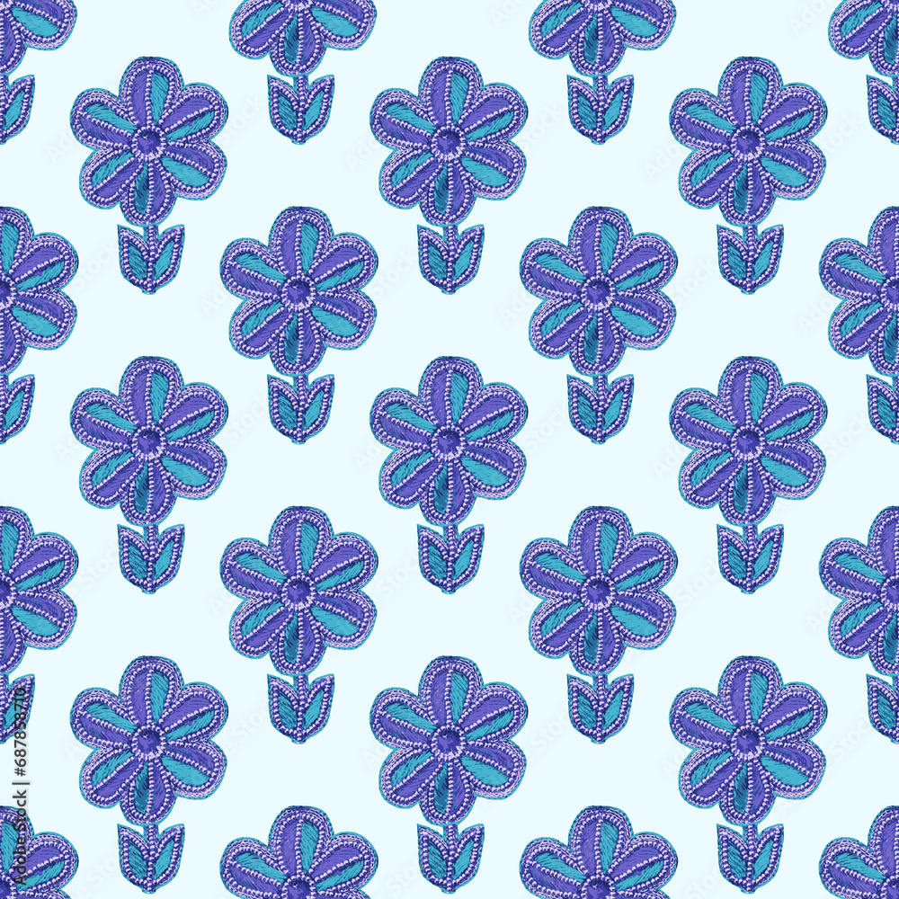 Traditional Ukrainian indigo blue theme Embroidery. Ethnic Single Element flower pattern with cyan background. Realistic Cross-Stitch 3D Embroideried flower. Traditional Ukrainian indigo blue theme Embroidery. Ethnic Single Element flower pattern with cyan background. Realistic Cross-Stitch 3D Embroideried flower.