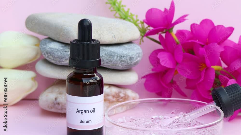 Argan oil in a bottle, Substances used for treatment or medical beauty enhancement, beauty product Argan oil in a bottle, Substances used for treatment or medical beauty enhancement, beauty product