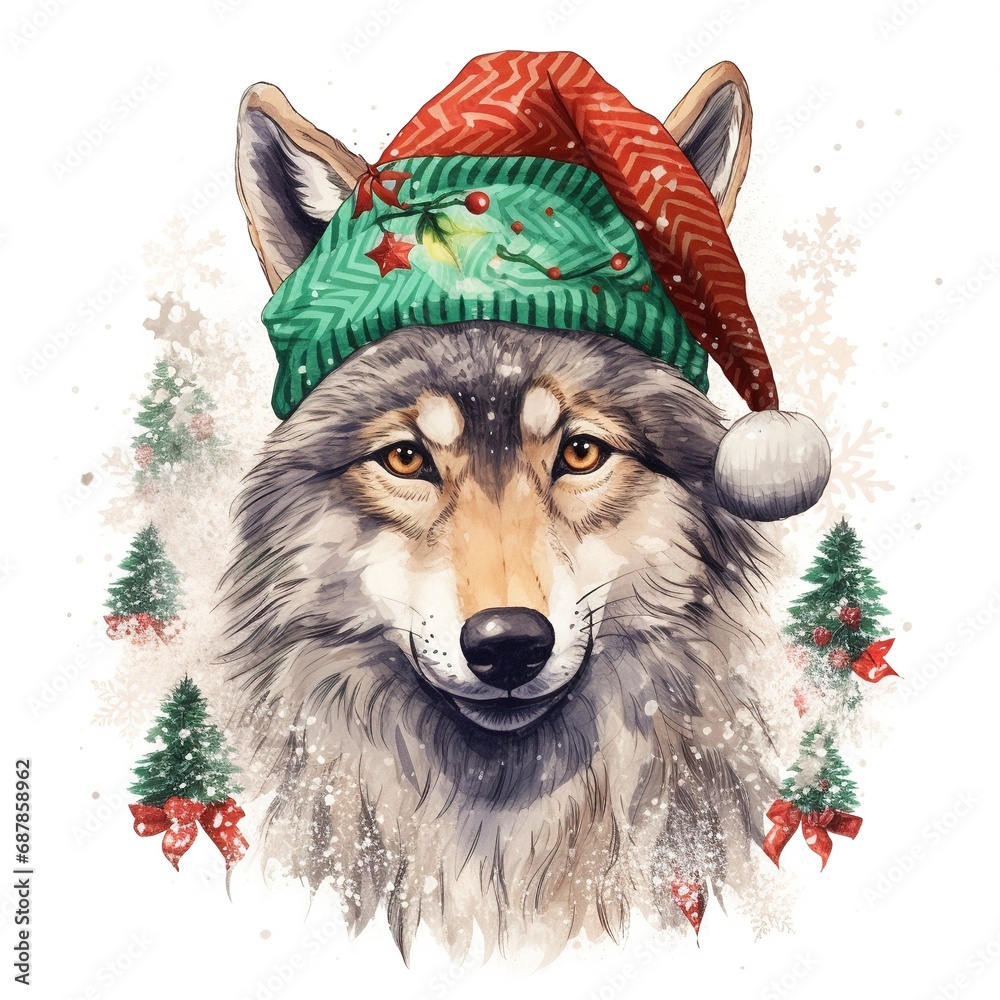 Generative AI, cute wild wolf animal, Christmas hat and ugly sweaters, watercolor style. - obrazy, fototapety, plakaty 