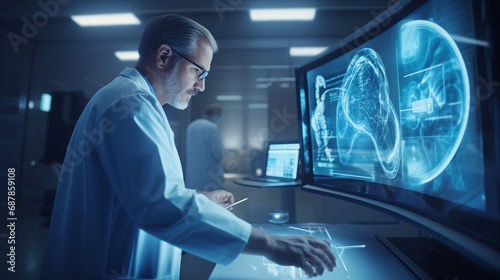An image showcasing a professional medical setting with a doctor operating an advanced AI-powered colonoscopy system, providing a visual representation of artificial intelligence photo