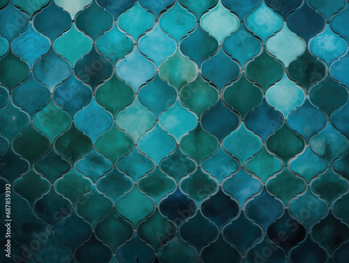 Turquoise and Blue Ceramic Tiles. Moroccan Wall Mosaic. Marrakech pattern. Abstract Blue Green Background Texture