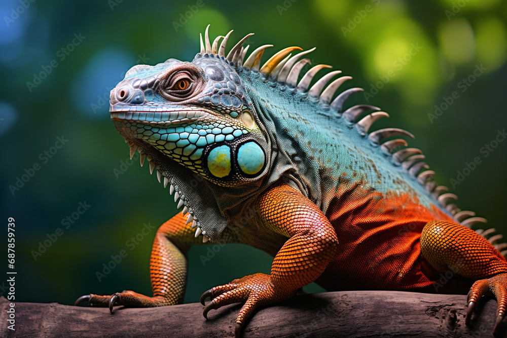Branch Buddies: Colorful Iguana Strikes a Pose in a Captivating Portrait Branch Buddies: Colorful Iguana Strikes a Pose in a Captivating Portrait