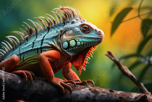 Nature's Palette: Iguana in Full Color Splendor Resting on a Tree Branch