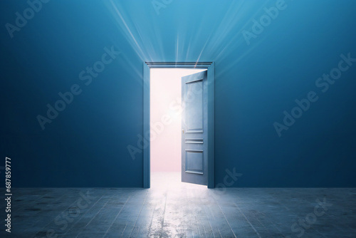 single opened door with light coming through. Empty interior in blue colors photo